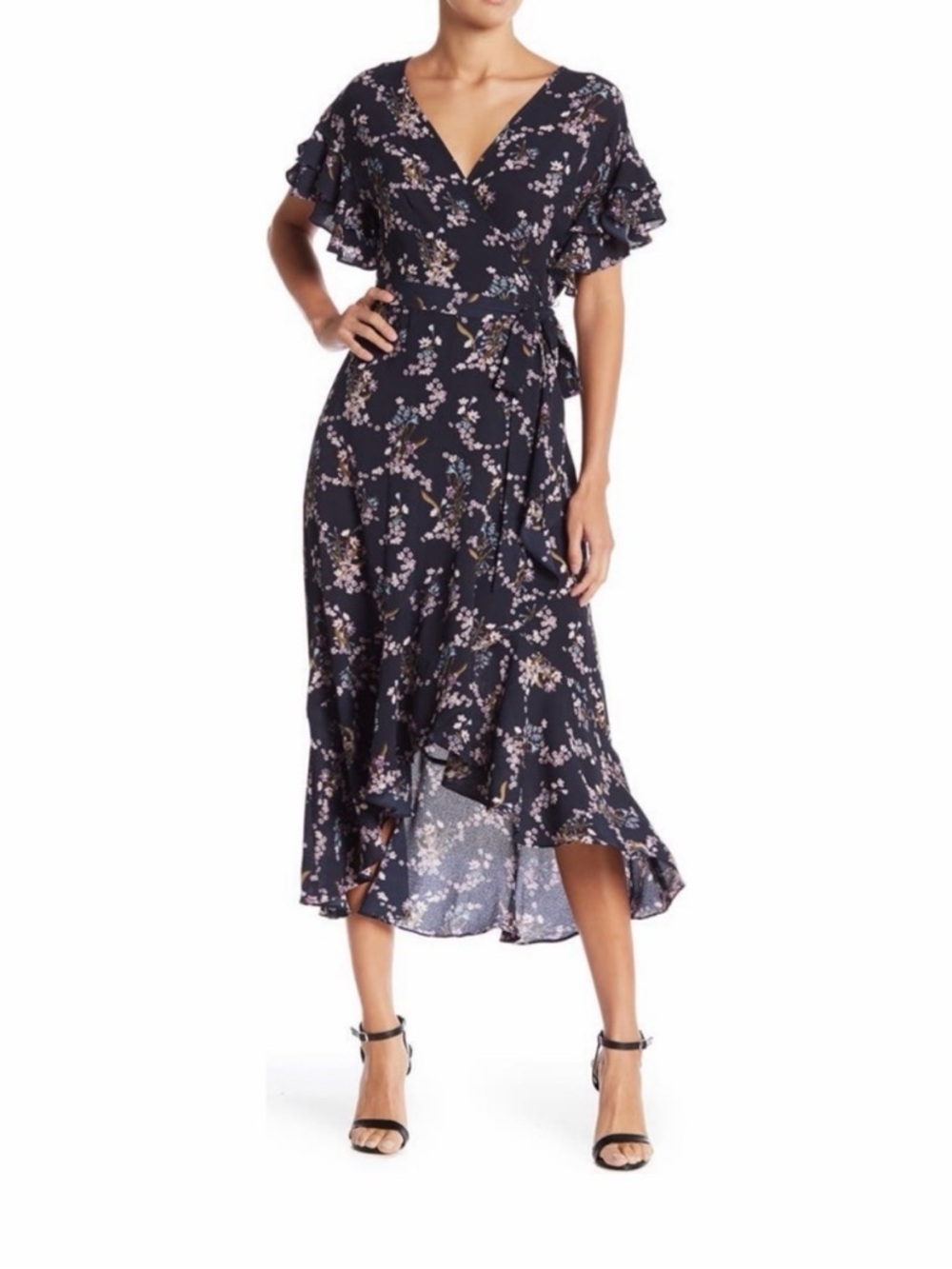Max Studio Floral Wrap Dress Blue Ruffle Sleeve Midi Spring‎ Wedding Guest Sz S